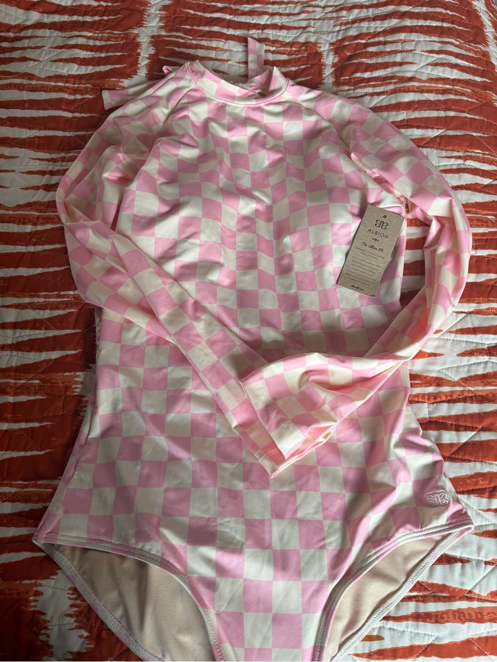 Albion fit pink & White Check Rash Guard Swimsuit NWT